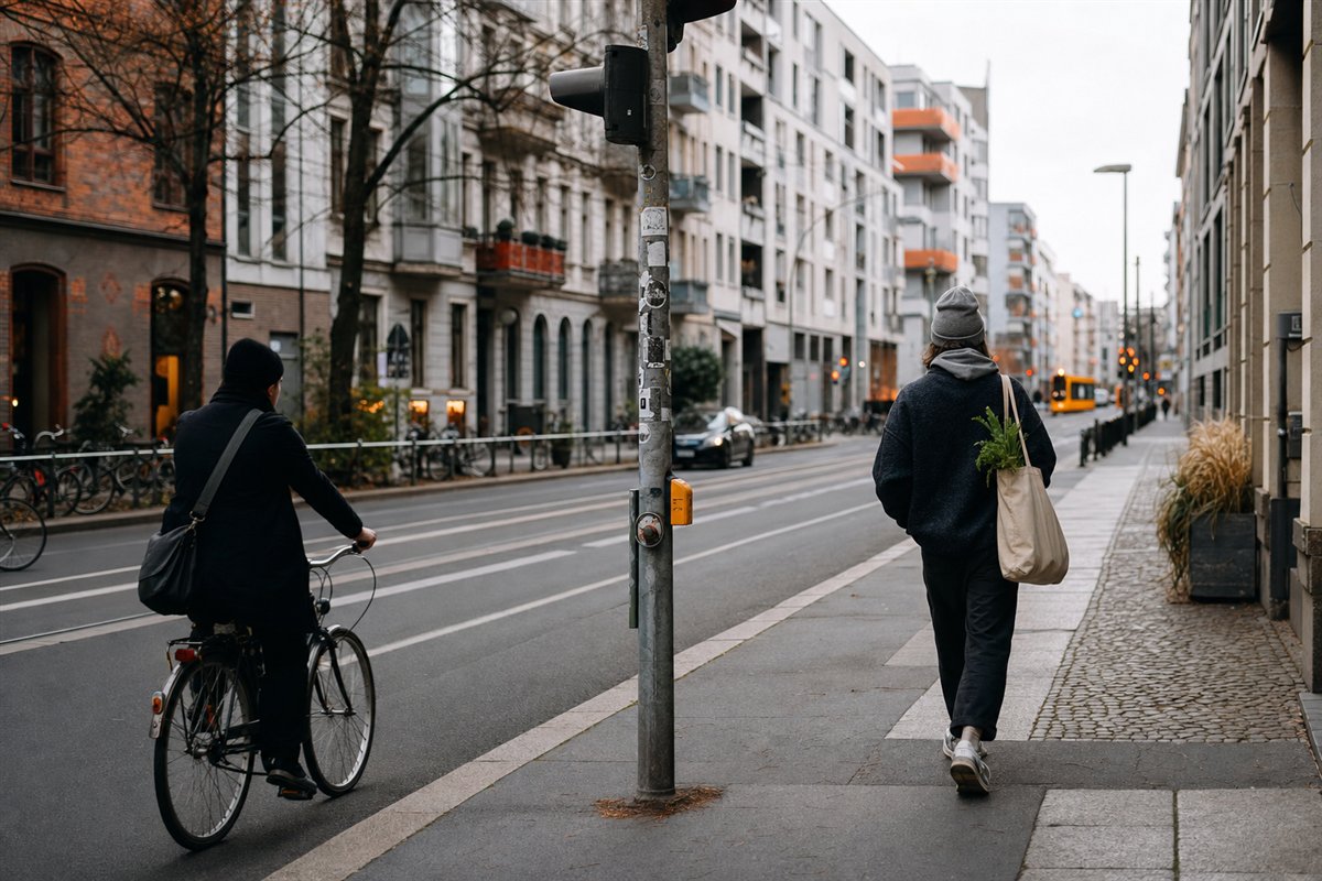 Radfahrerin und Fußgängerin mit Einkaufstasche an einer breiten Stadtstraße
