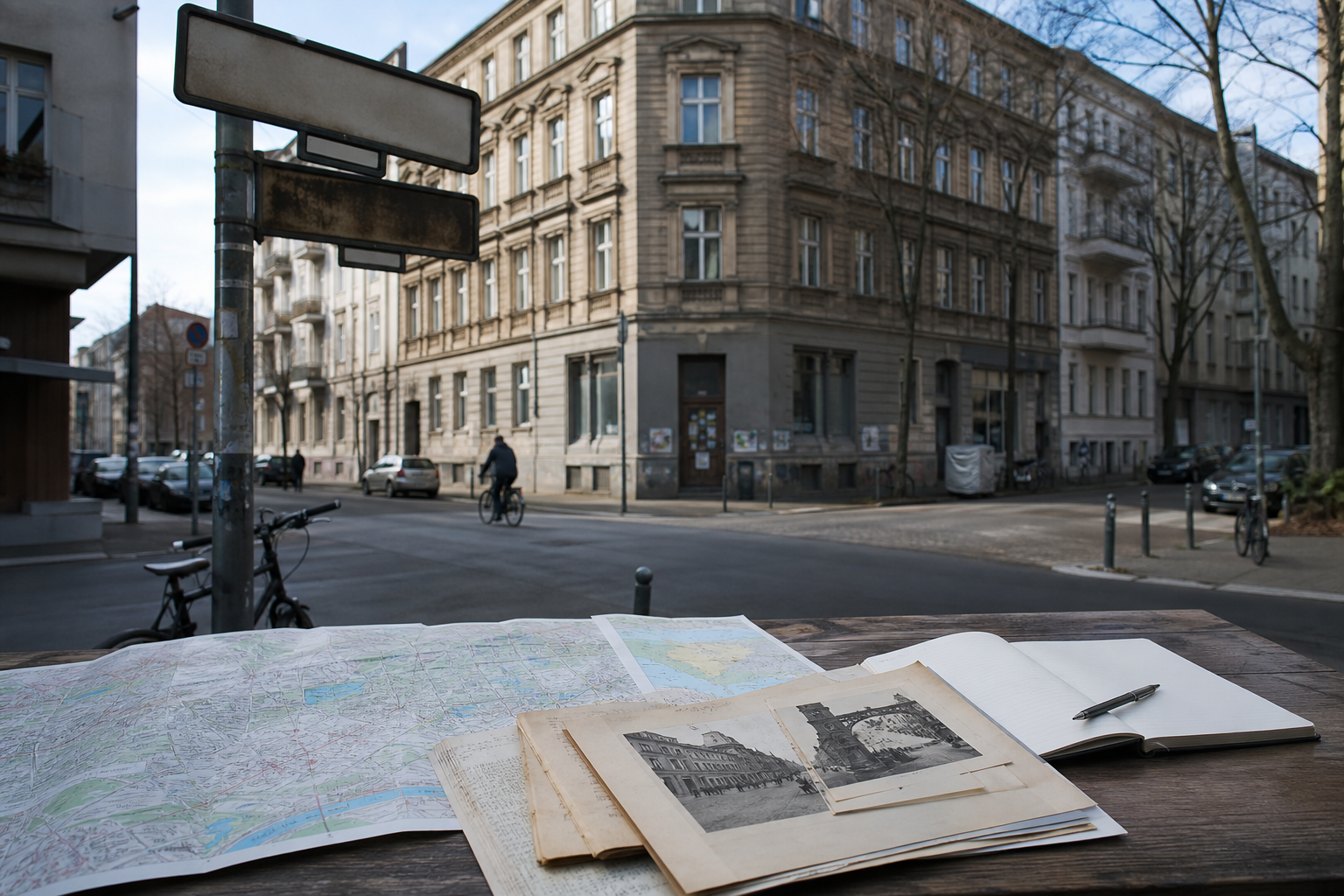 Person mit historischem Stadtplan vor einer Berliner Altbaufassade