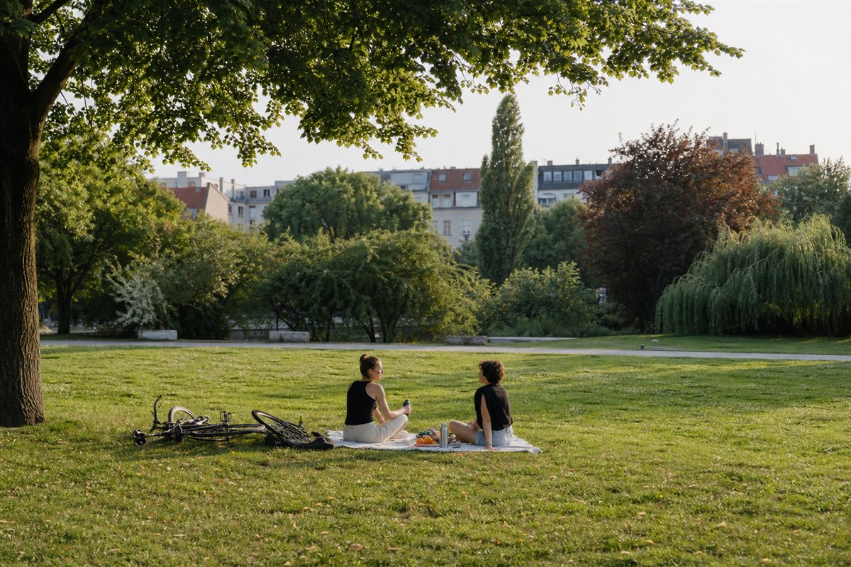 Zwei Menschen auf einer Picknickdecke mit Fahrrädern in einem grünen Stadtpark